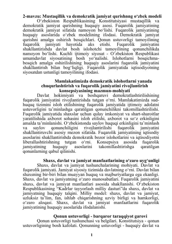 Mustaqillik va demokratik jamiyat qurishning o‘zbek modeli