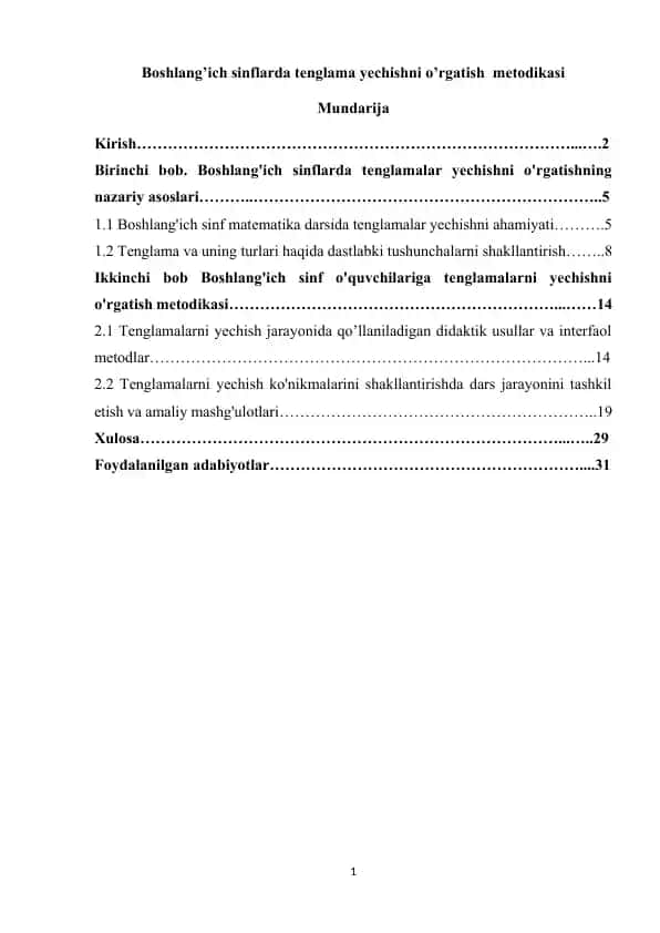 Boshlang’ich sinflarda tenglama yechishni o’rgatish metodikasi