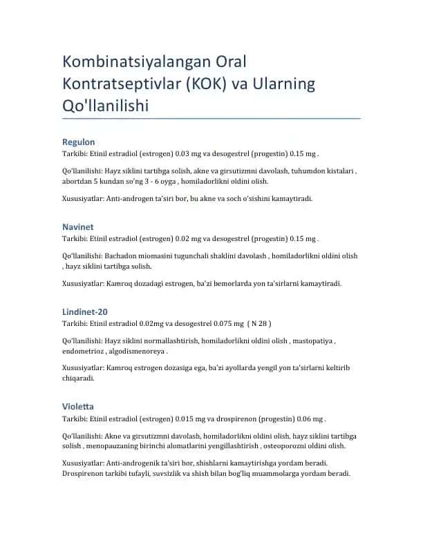 Kombinatsiyalangan Oral Kontratseptivlar (KOK) va Ularning Qo'llanilishi