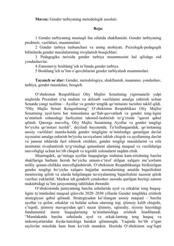 Gender tarbiyaning metodologik asoslari