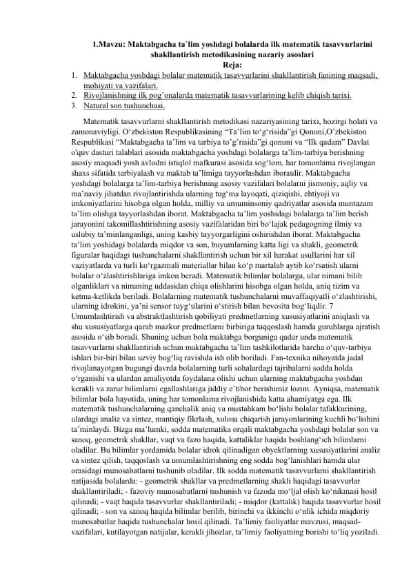 Maktabgacha ta'lim yoshdagi bolalarda ilk matematik tasavvurlarini shakllantirish metodikasining nazariy asoslari