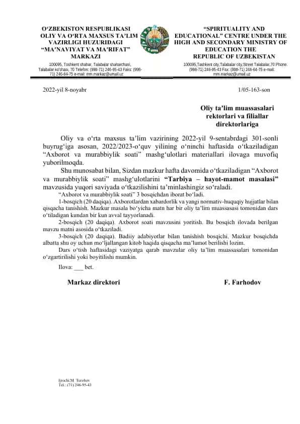 "Axborot va murabbiylik soati"