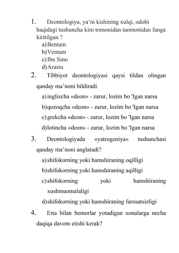 Deontologiya va Tibbiyot savollar javob mavjud emas
