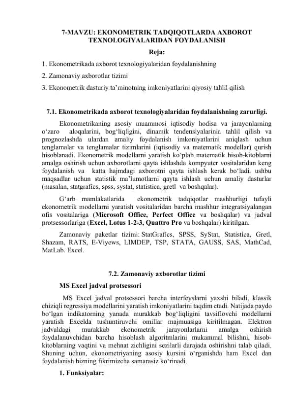 EKONOMETRIK TADQIQOTLARDA AXBOROT TEXNOLOGIYALARIDAN FOYDALANISH