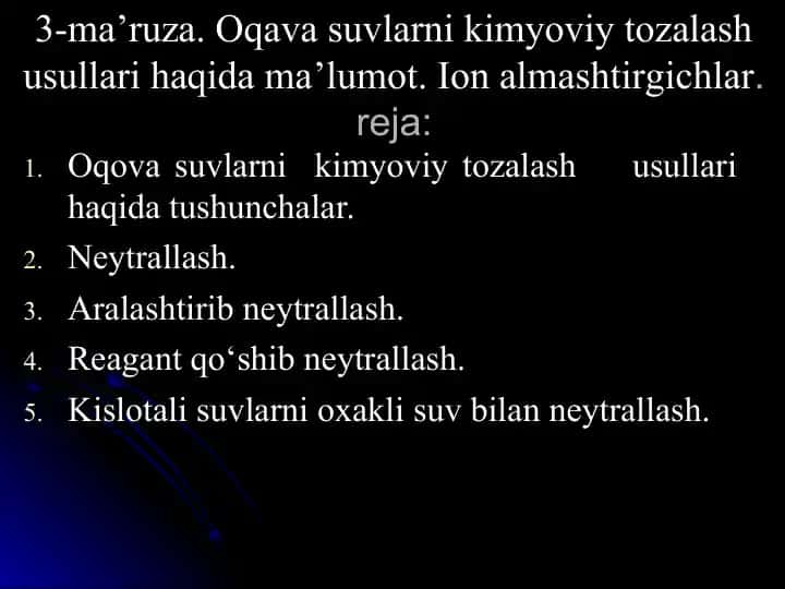 Oqava suvlarni kimyoviy tozalash usullari ma'lumoti