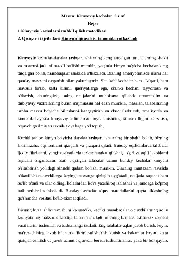 8 sinfda Kimyoviy kechalari o'tkazish metodikasi