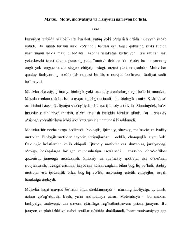 Motiv, motivatsiya va hissiyotni namoyon boʻlishi