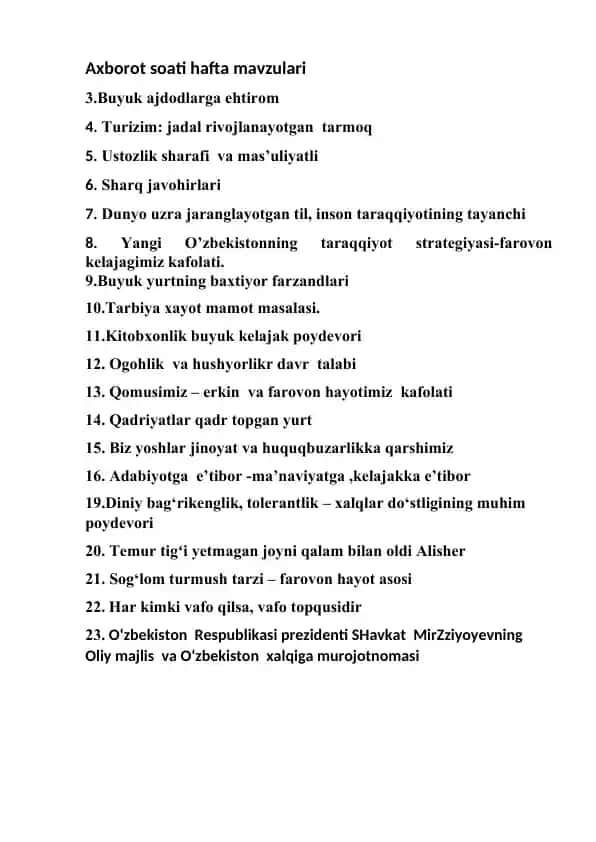Axborot soati hafta mavzulari