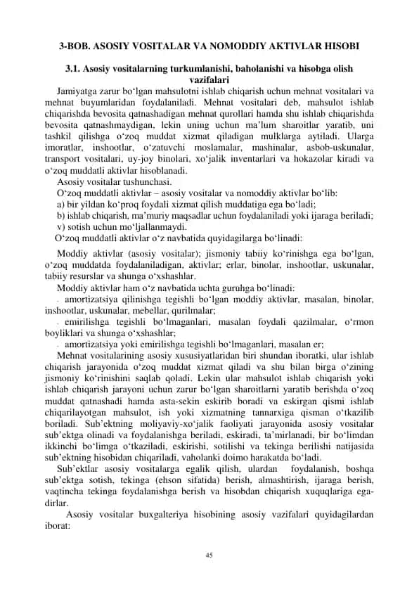 ASOSIY VOSITALAR VA NOMODDIY AKTIVLAR HISOBI