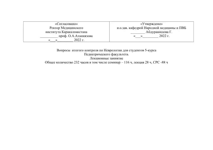 Voprosy i itogovogo kontrolya po Nevrologii dlya studentov 5-kursa Pediatricheskogo fakulteta