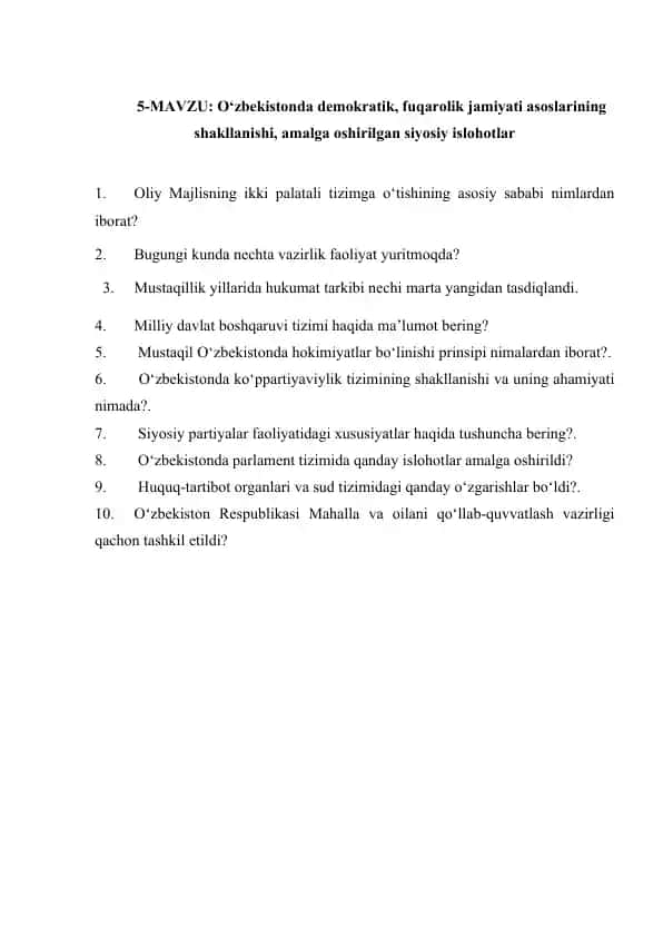 O‘zbekistonda demokratik, fuqarolik jamiyati asoslarining shakllanishi, amalga oshirilgan siyosiy islohotlar