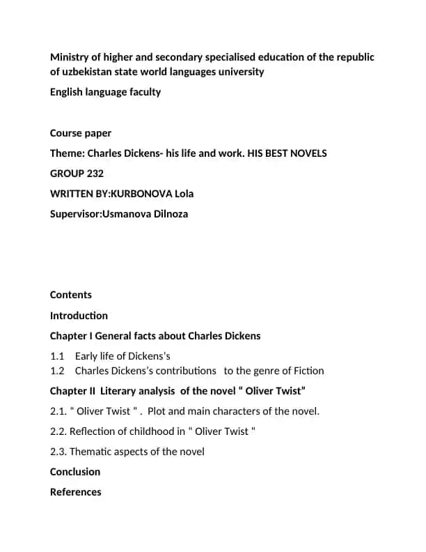 Charles Dickens - his life and work. HIS BEST NOVELS (Course paper)