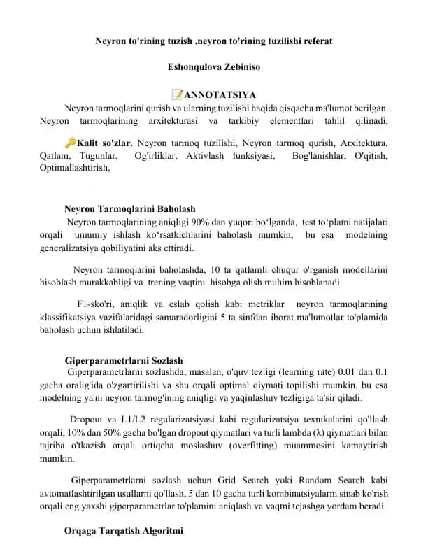 Neyron to'rining tuzish,neyron to'rining tuzilishi referat