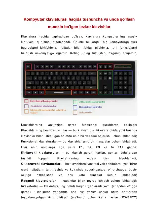 Kompyuter klaviaturasi haqida tushuncha va unda qo'llash