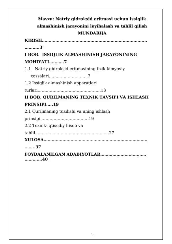 Natriy gidroksid eritmasi uchun issiqlik almashinish jarayonini loyihalash va tahlil qilish