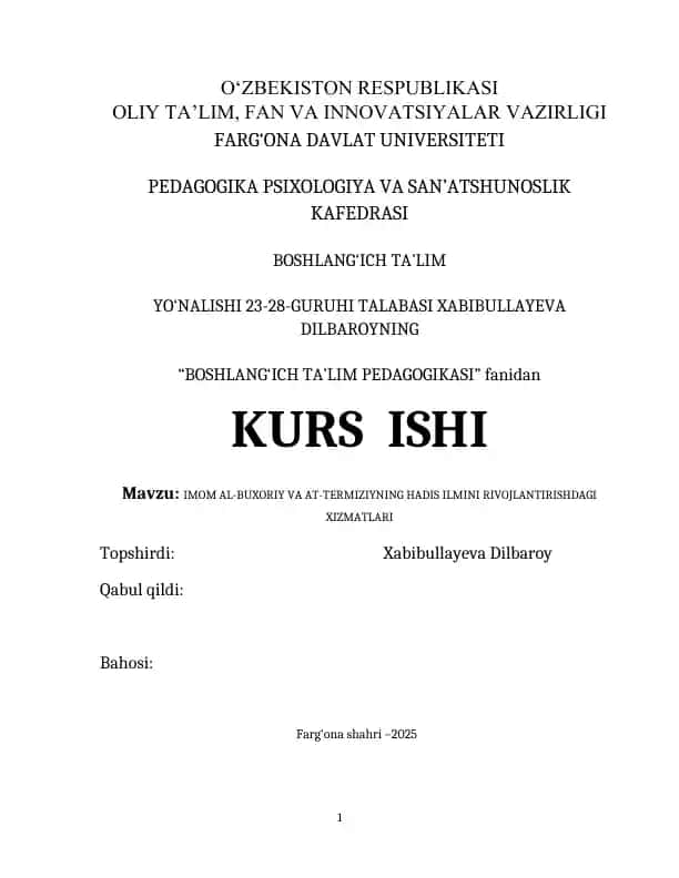 "IMOM AL-BUXORIY VA AT-TERMIZIYNING HADIS ILMINI RIVOJLANTIRISHDAGI XIZMATLARI"
