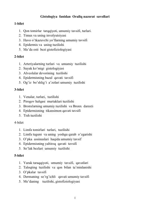 Gistologiya fanidan Oraliq nazorat savollari