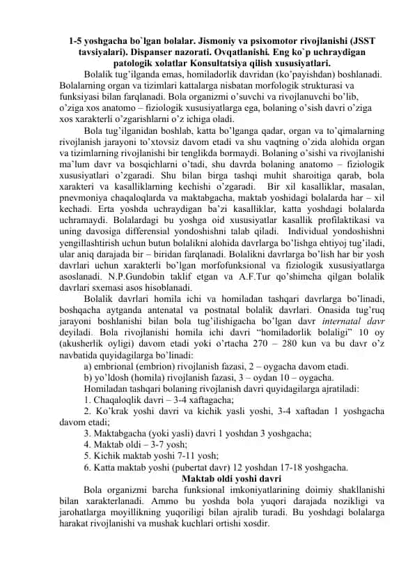 Bolalarning Jismoniy va Psixomotor Rivojlanishi