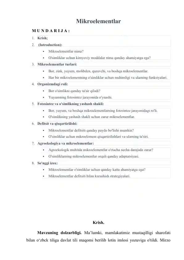 Mikroelementlar - o'simliklar uchun zarur kimyoviy moddalar