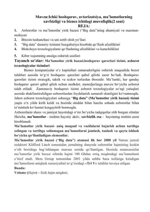 "Ma'lumotlar yirik bazasi: Biznes boshqaruv va axborot texnologiyalarga ta'sir"