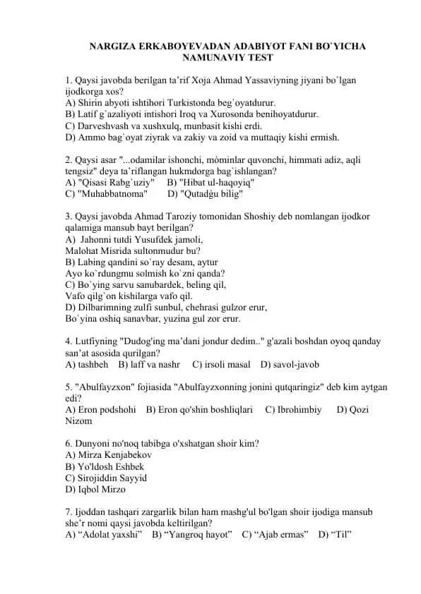 ADABIYOT FANI BO`YICHA NAMUNAVIY TEST
