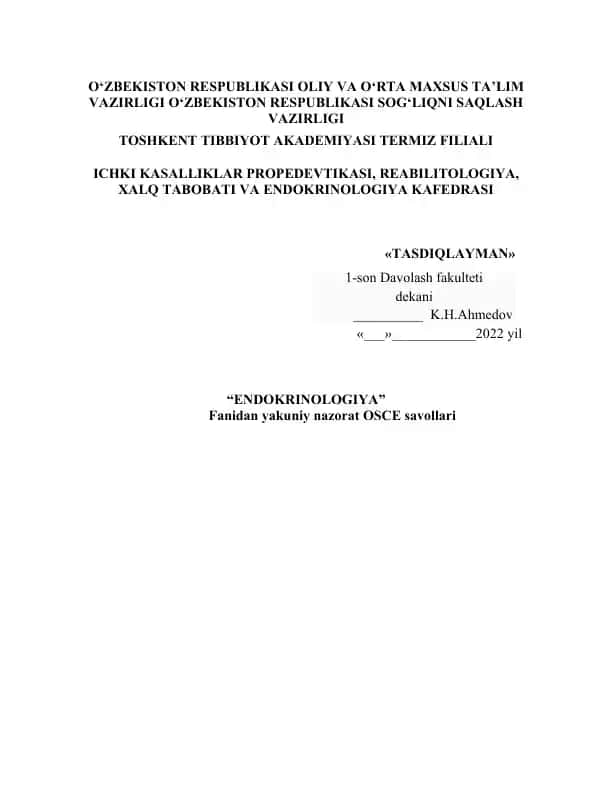 Endokrinologiya nazorat savollari
