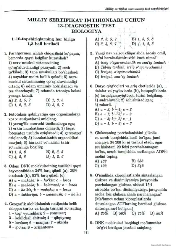 Milliy sertifikat namunaviy test topshiriglari
