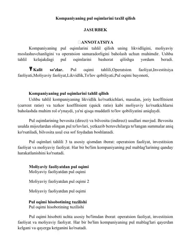 Kompaniyaning pul oqimlarini taxlil qilish