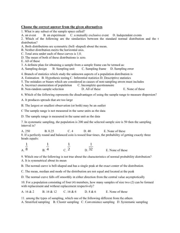 Statistics and Probability Multiple Choice Questions