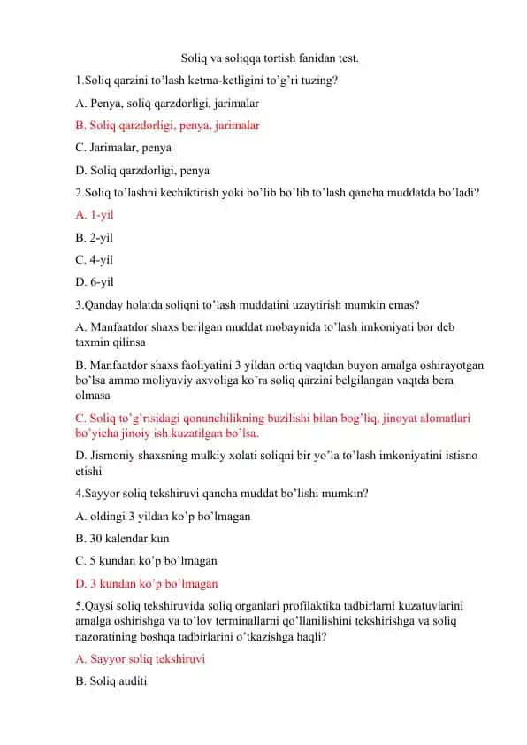 Soliq va soliqqa tortish fanidan test