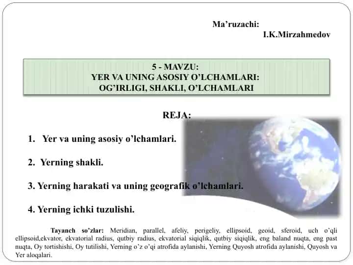 Yer va uning asosiy o’lchamlari