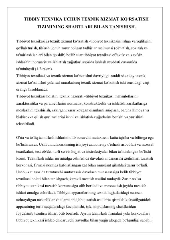 Tibbiyot texnikasi va texnik xizmat ko'rsatish
