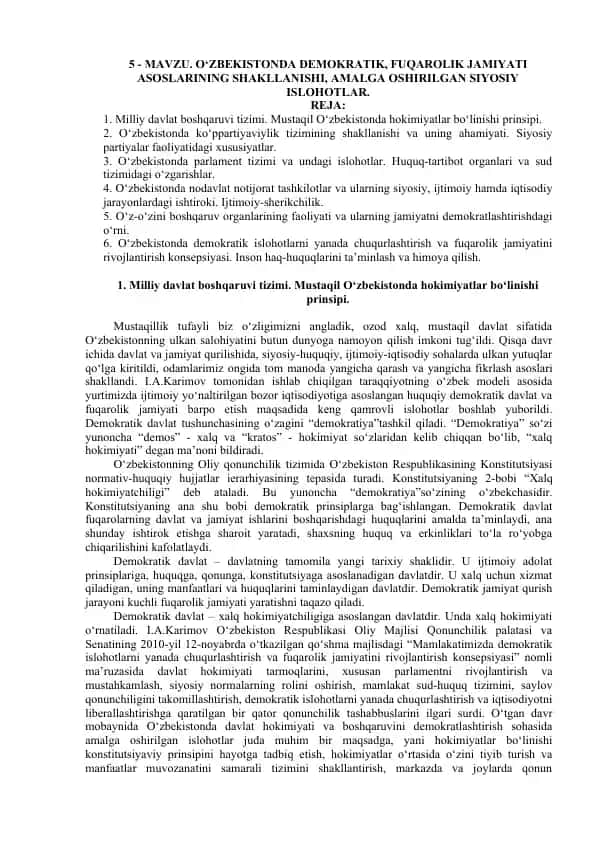 O'zbekistonda Demokratik Fuqarolik Jamiyati Asoslarining Shakllanishi