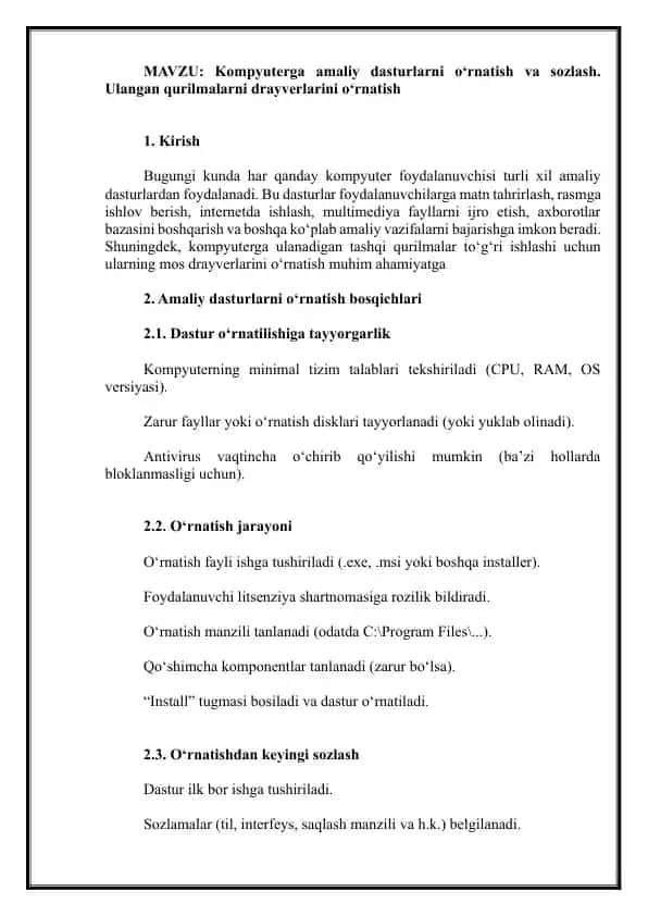 Kompyuterga amaliy dasturlarni o‘rnatish va sozlash