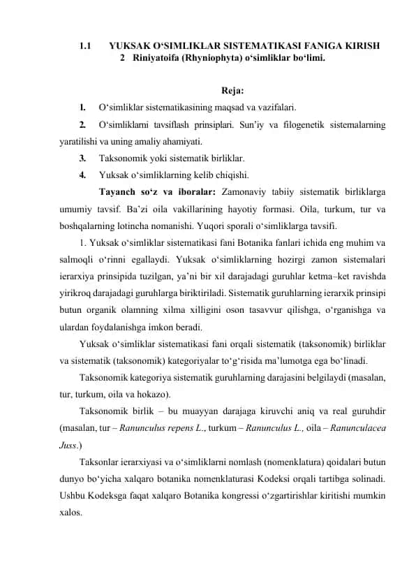 Yuksak O‘simliklar Sistematikasi Faniga Kirish