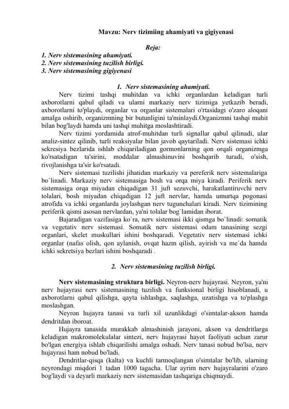 Nerv tizimiing ahamiyati va gigiyenasi