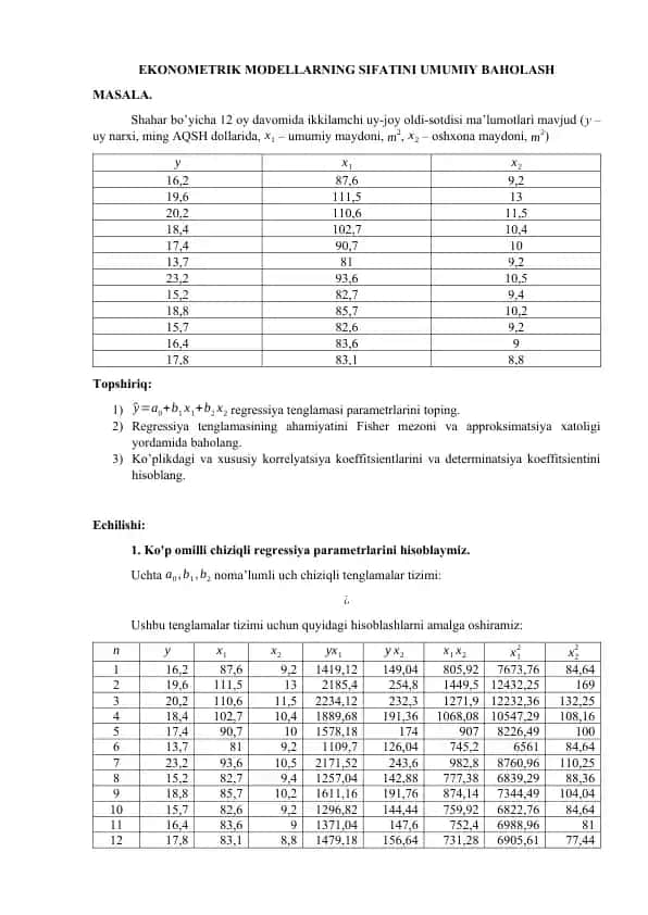 EKONOMETRIK MODELLARNING SIFATINI UMUMIY BAHOLASH