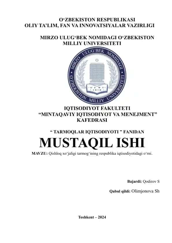 Qishloq xo‘jaligi tarmog‘ining respublika iqtisodiyotidagi o‘rni