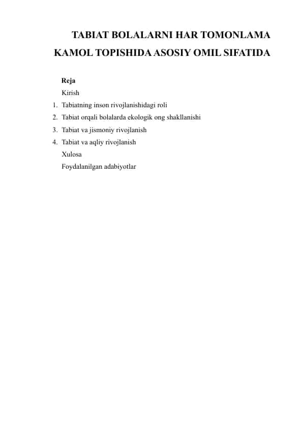 Tabiat Bolalarni Har Tomonlama Kamol Topishida Asosiy Omil Sifatida