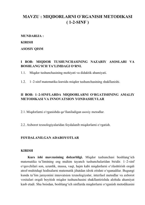 Miqdorlarni oʻrganish metodikasi 1-2-sinf