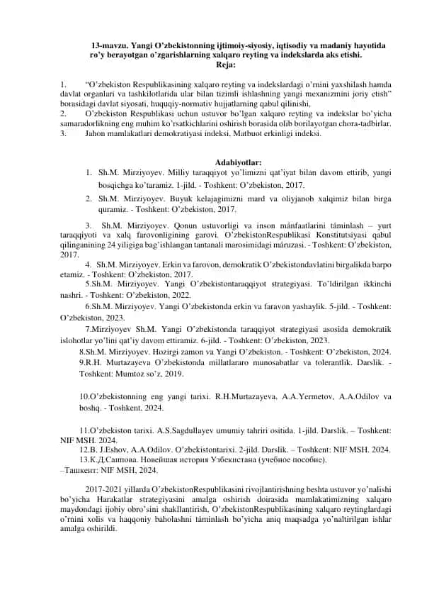 Yangi O’zbekistonning ijtimoiy-siyosiy, iqtisodiy va madaniy hayotida ro’y berayotgan o’zgarishlar