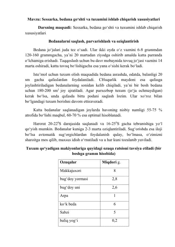Sessarka, bedana go‘shti va tuxumini ishlab chiqarish xususiyatlari