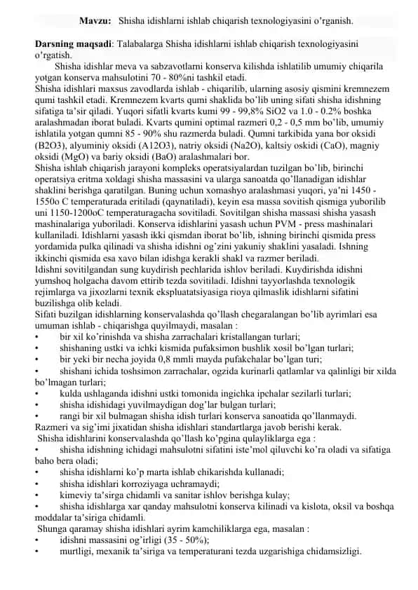 Shisha idishlarni ishlab chiqarish texnologiyasi