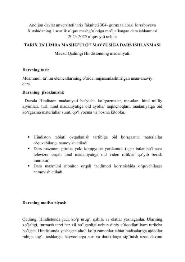 TARIX TA’LIMDA MASHG’ULOT MAVZUSIGA DARS ISHLANMASI