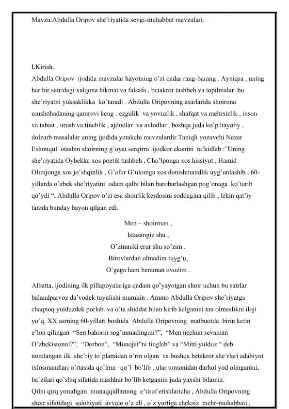 Abdulla Oripov she’riyatida sevgi-muhabbat mavzulari