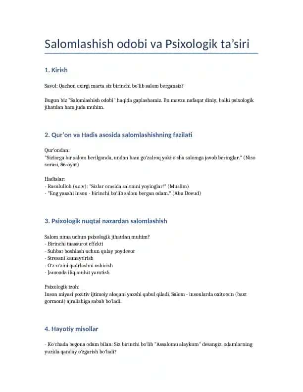 Salomlashish Odoblari va Psixologik Mashg‘ulotlar