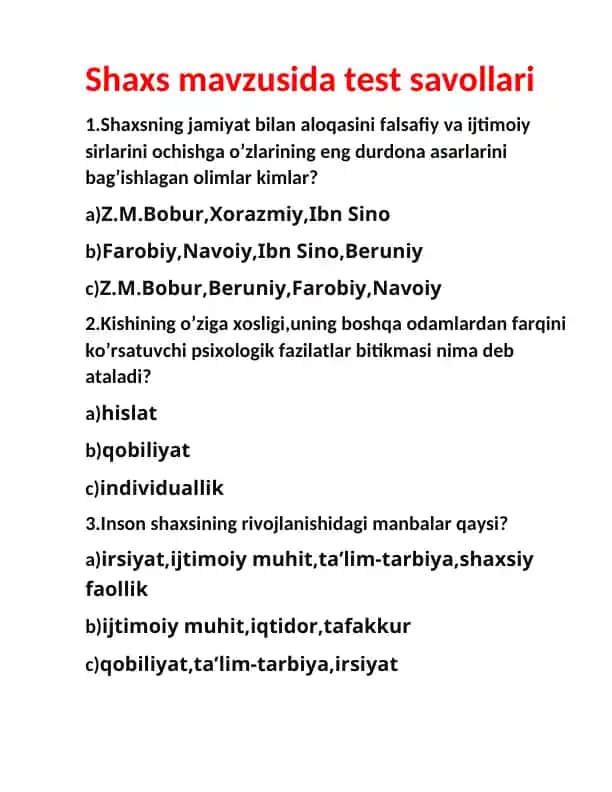Shaxs mavzusida test savollari va atamalar izohi