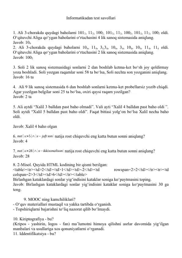 Informatika attestatsiya test savollari