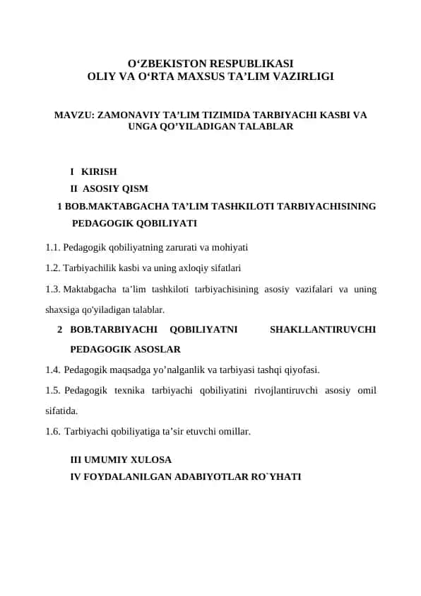 Zamonaviy ta'lim tizimida tarbiyachi kasbi va unga qo'yiladigan talablar
