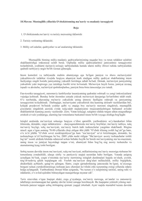 Mustaqillik yillarida O‘zbekistonning ma’naviy va madaniy taraqqiyoti